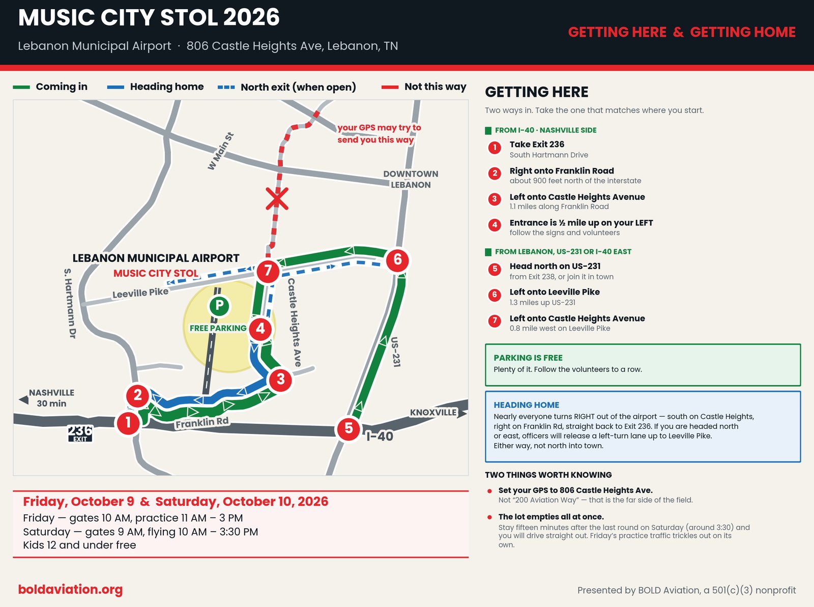 Map of the two routes to Music City STOL: from I-40 Exit 236 via Franklin Road, and from US-231 via Leeville Pike, both ending at the Castle Heights Avenue entrance, with the return route heading south to Exit 236.